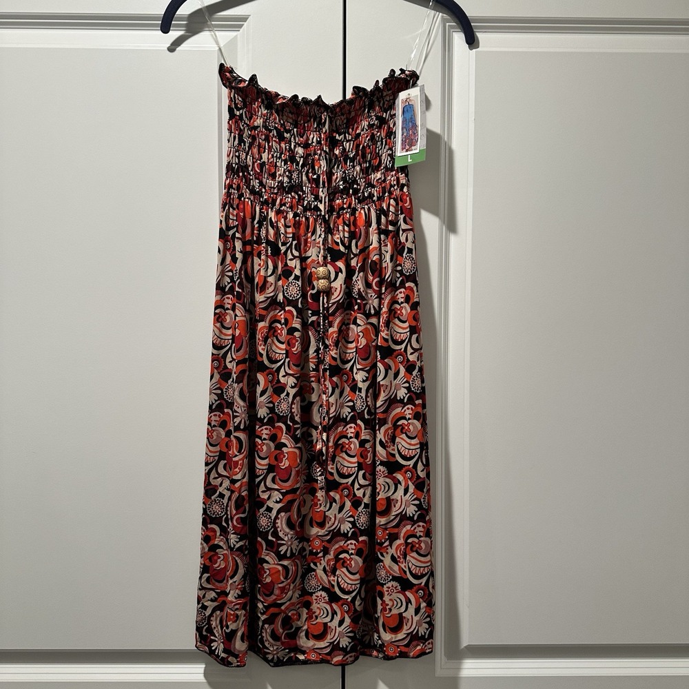 Carnival Fashion Womens Strapless Smocked Midi Dress Orange Black Floral Large
